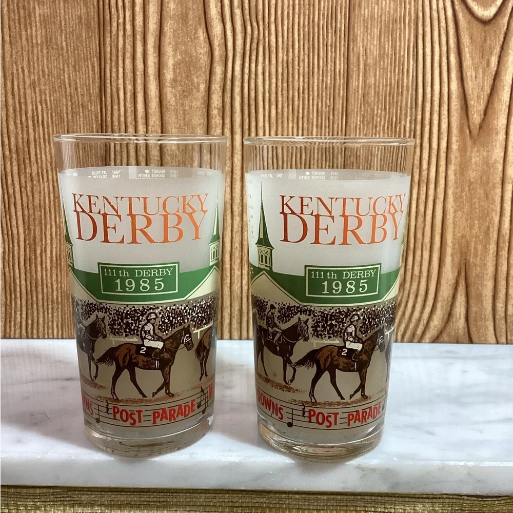 Libbey Kentucky Derby 1985 Glass Set with Green and Orange Accents